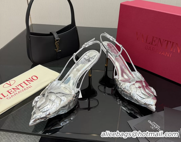 Crafted Valentino Atelier Silver Metallic Leather Rose Edition Slingback Pumps 6060505