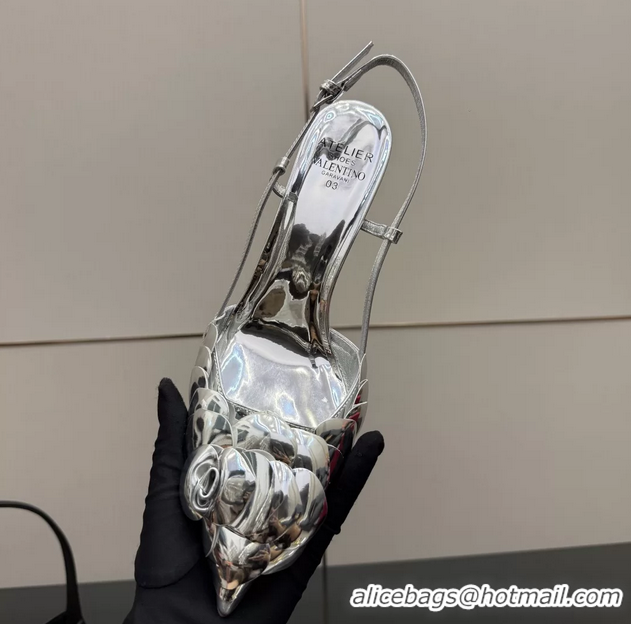 Crafted Valentino Atelier Silver Metallic Leather Rose Edition Slingback Pumps 6060505