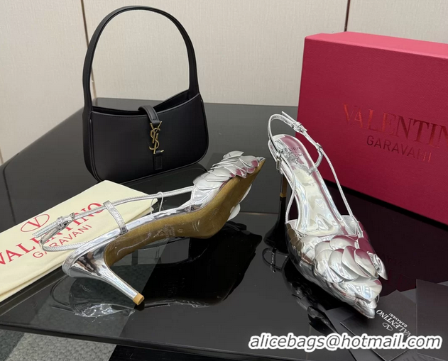 Crafted Valentino Atelier Silver Metallic Leather Rose Edition Slingback Pumps 6060505
