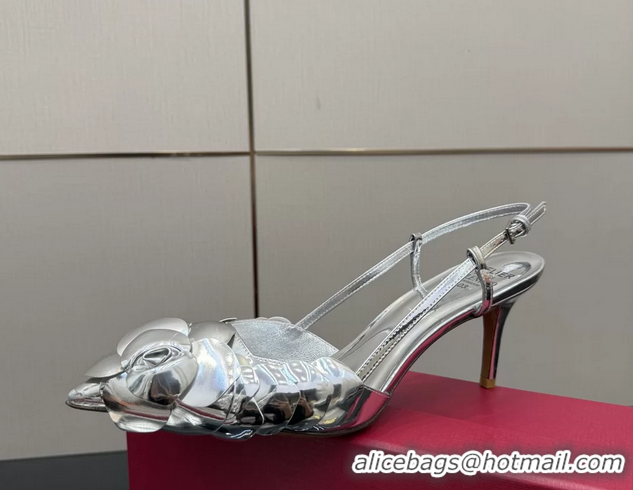 Crafted Valentino Atelier Silver Metallic Leather Rose Edition Slingback Pumps 6060505