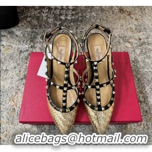 Famous Valentino Rockstud Strappy Pumps Gold Metallic Woven Laminated Nappa Leather 95MM 6060506