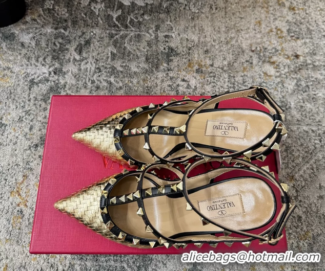 Famous Valentino Rockstud Strappy Pumps Gold Metallic Woven Laminated Nappa Leather 95MM 6060506