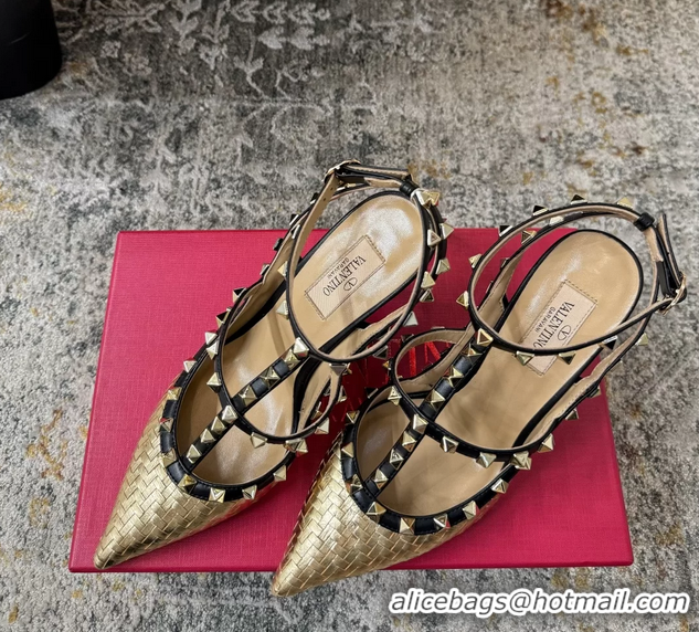 Famous Valentino Rockstud Strappy Pumps Gold Metallic Woven Laminated Nappa Leather 95MM 6060506