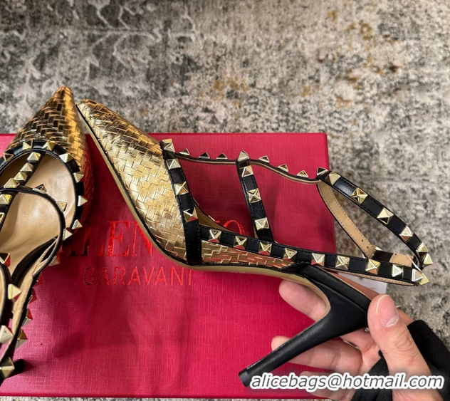 Famous Valentino Rockstud Strappy Pumps Gold Metallic Woven Laminated Nappa Leather 95MM 6060506