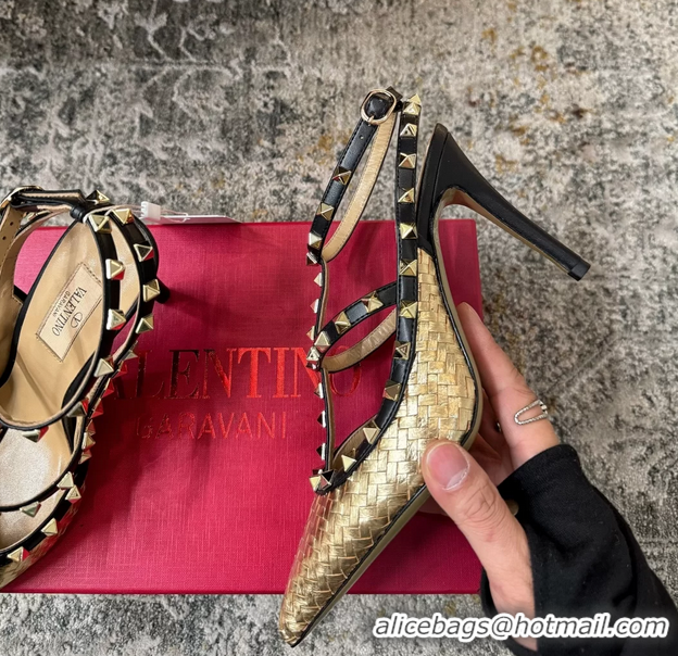 Famous Valentino Rockstud Strappy Pumps Gold Metallic Woven Laminated Nappa Leather 95MM 6060506