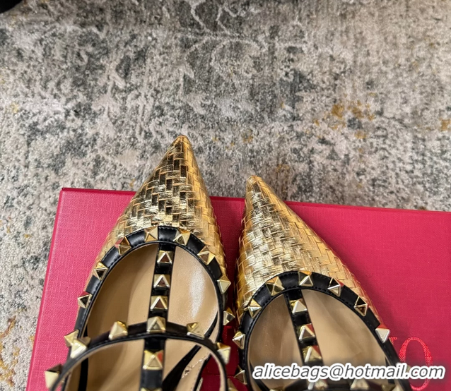 Famous Valentino Rockstud Strappy Pumps Gold Metallic Woven Laminated Nappa Leather 95MM 6060506