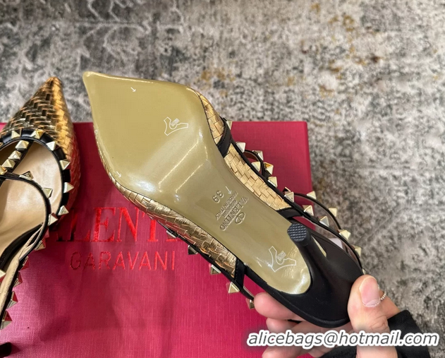 Famous Valentino Rockstud Strappy Pumps Gold Metallic Woven Laminated Nappa Leather 95MM 6060506
