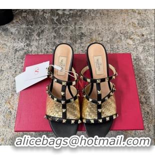 Fashion Valentino Rockstud Strappy Slides Sandals Gold Metallic Woven Laminated Nappa Leather 60MM 6060507