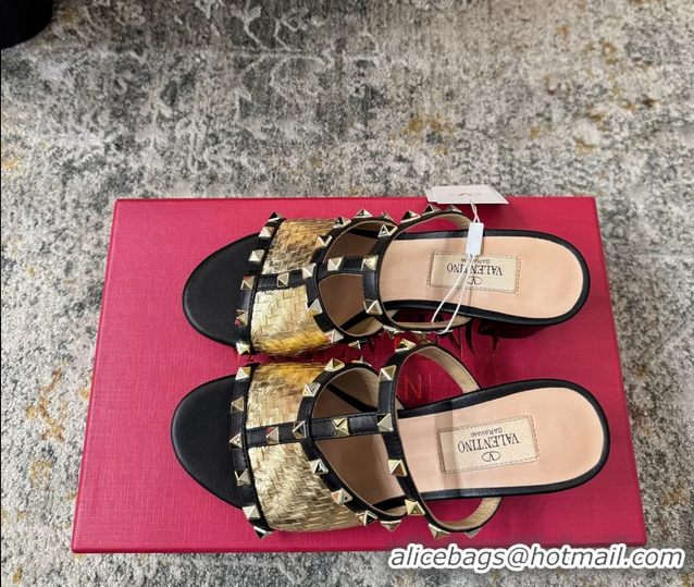 Fashion Valentino Rockstud Strappy Slides Sandals Gold Metallic Woven Laminated Nappa Leather 60MM 6060507