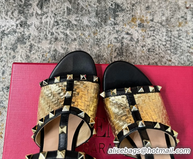 Fashion Valentino Rockstud Strappy Slides Sandals Gold Metallic Woven Laminated Nappa Leather 60MM 6060507