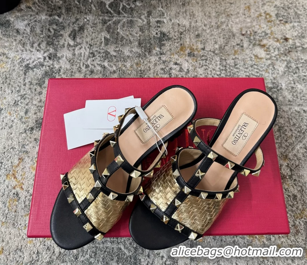 Fashion Valentino Rockstud Strappy Slides Sandals Gold Metallic Woven Laminated Nappa Leather 60MM 6060507