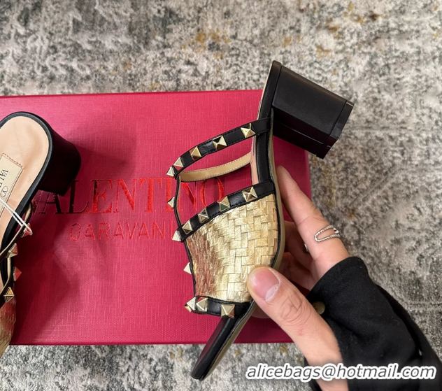 Fashion Valentino Rockstud Strappy Slides Sandals Gold Metallic Woven Laminated Nappa Leather 60MM 6060507