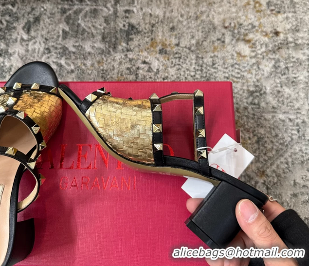 Fashion Valentino Rockstud Strappy Slides Sandals Gold Metallic Woven Laminated Nappa Leather 60MM 6060507