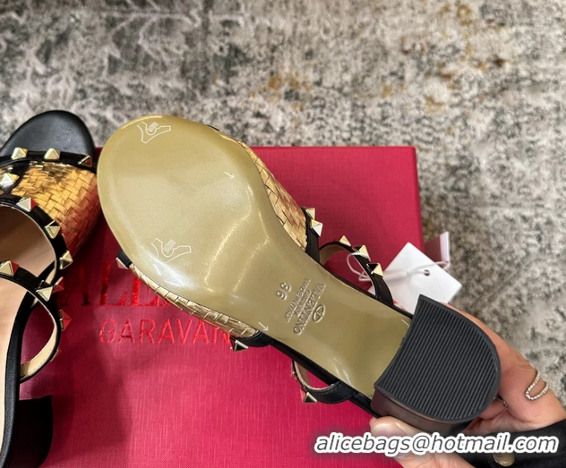Fashion Valentino Rockstud Strappy Slides Sandals Gold Metallic Woven Laminated Nappa Leather 60MM 6060507
