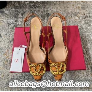 Top Quality Valentino Vlogo Brown Crocodile Embossed Leather Slingback Pumps 95MM 6060508