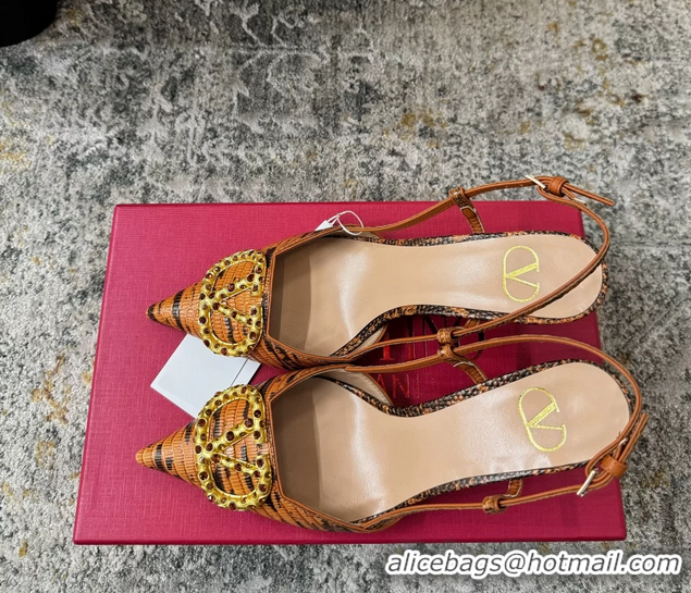 Top Quality Valentino Vlogo Brown Crocodile Embossed Leather Slingback Pumps 95MM 6060508