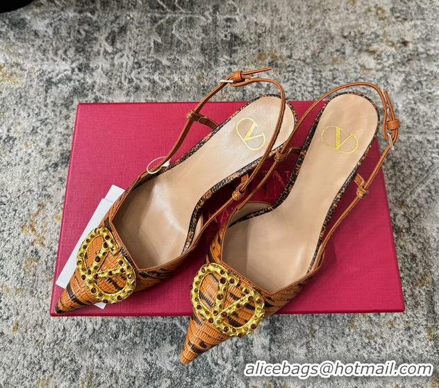 Top Quality Valentino Vlogo Brown Crocodile Embossed Leather Slingback Pumps 95MM 6060508