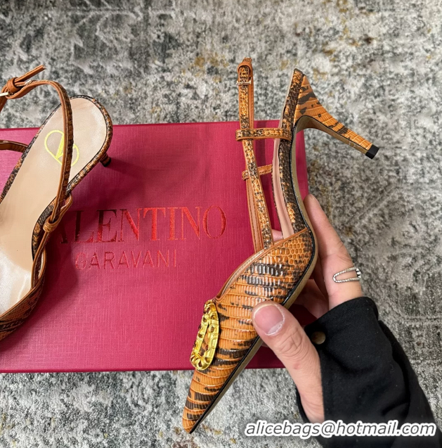 Top Quality Valentino Vlogo Brown Crocodile Embossed Leather Slingback Pumps 95MM 6060508