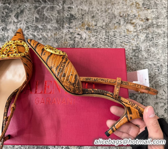 Top Quality Valentino Vlogo Brown Crocodile Embossed Leather Slingback Pumps 95MM 6060508