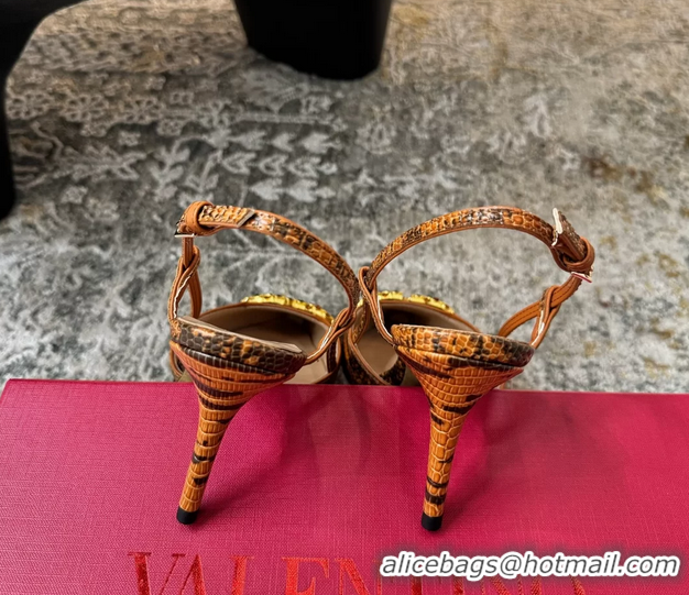 Top Quality Valentino Vlogo Brown Crocodile Embossed Leather Slingback Pumps 95MM 6060508