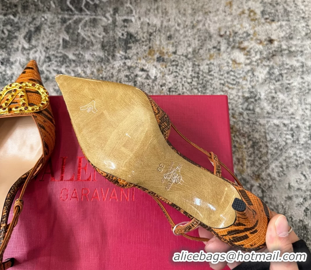 Top Quality Valentino Vlogo Brown Crocodile Embossed Leather Slingback Pumps 95MM 6060508