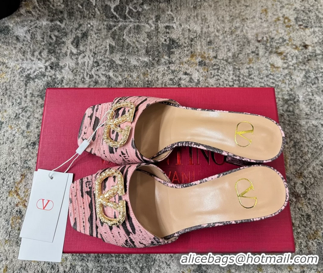 Online Duplicate Valentino Vlogo Pink Crocodile Embossed Leather Slides Sandals 60MM 6060510