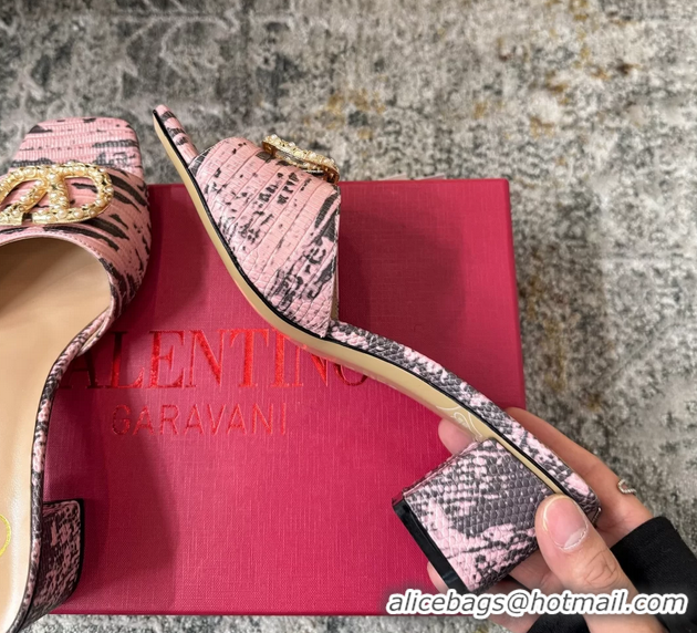 Online Duplicate Valentino Vlogo Pink Crocodile Embossed Leather Slides Sandals 60MM 6060510