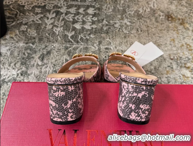 Online Duplicate Valentino Vlogo Pink Crocodile Embossed Leather Slides Sandals 60MM 6060510