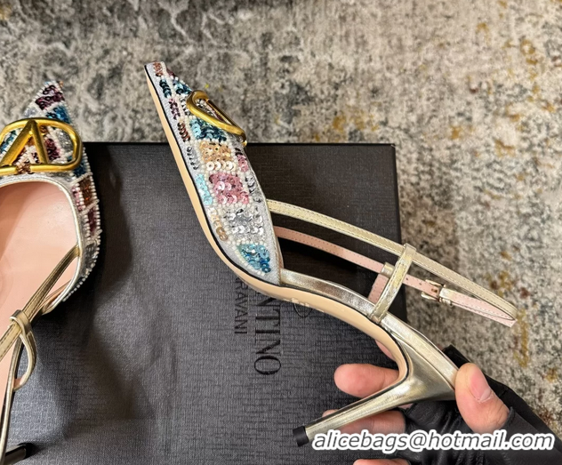 Best Price Valentino Vlogo Sequins Slingback Pumps Silver 85MM 6060511