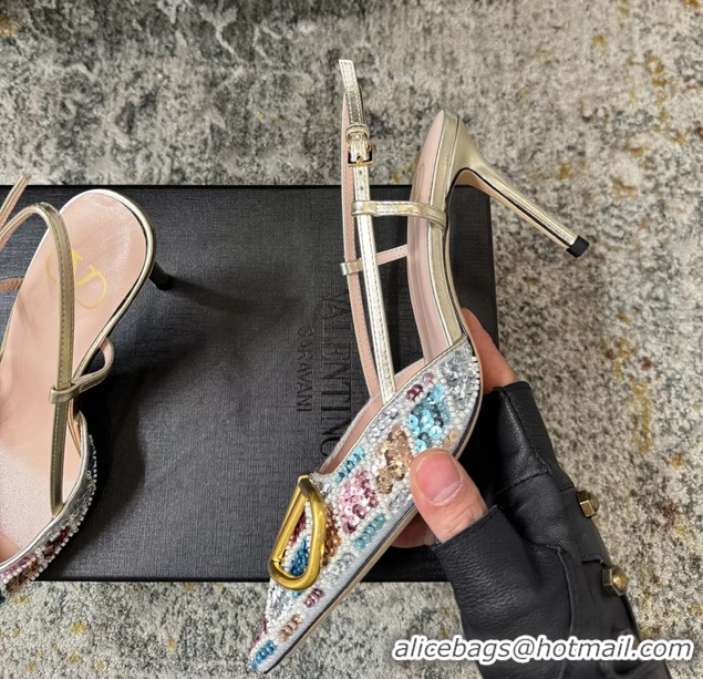 Best Price Valentino Vlogo Sequins Slingback Pumps Silver 85MM 6060511