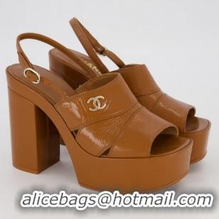 ​Trendy Design Chanel Crumpled Patent Lambskin Platform Sandals Heel 12cm G45017 Light Brown