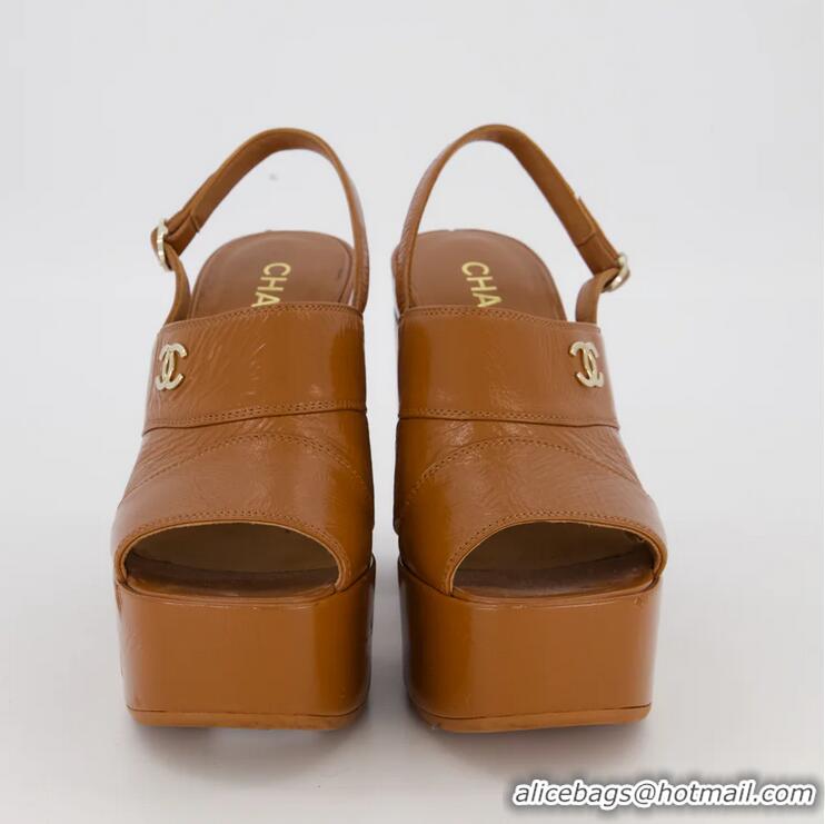 ​Trendy Design Chanel Crumpled Patent Lambskin Platform Sandals Heel 12cm G45017 Light Brown
