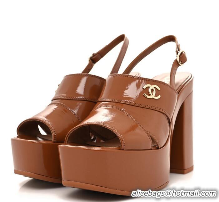 ​Trendy Design Chanel Crumpled Patent Lambskin Platform Sandals Heel 12cm G45017 Light Brown