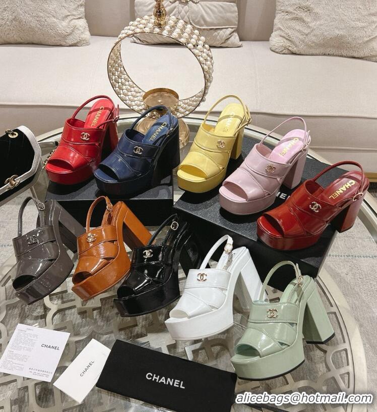 ​Trendy Design Chanel Crumpled Patent Lambskin Platform Sandals Heel 12cm G45017 Light Brown