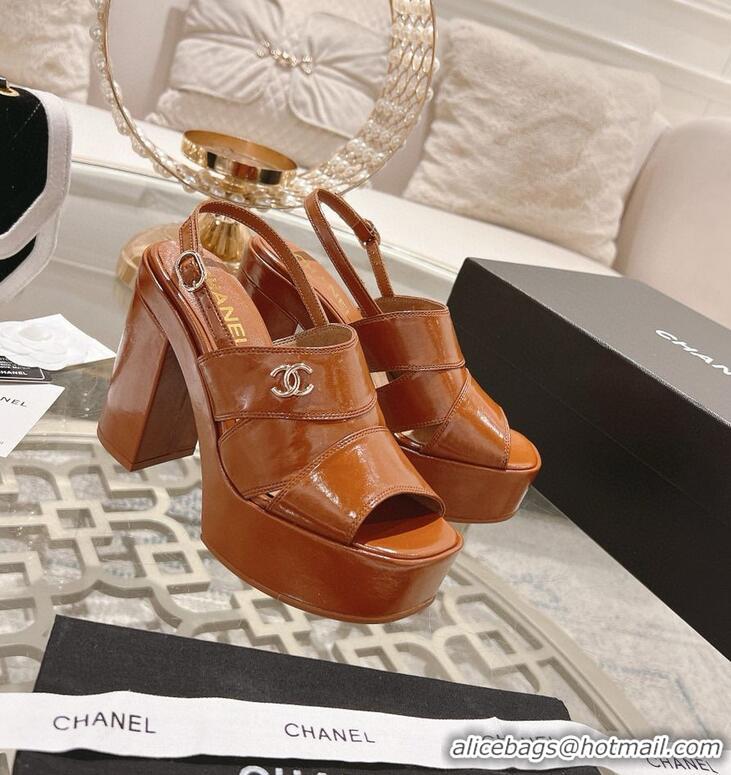 ​Trendy Design Chanel Crumpled Patent Lambskin Platform Sandals Heel 12cm G45017 Light Brown