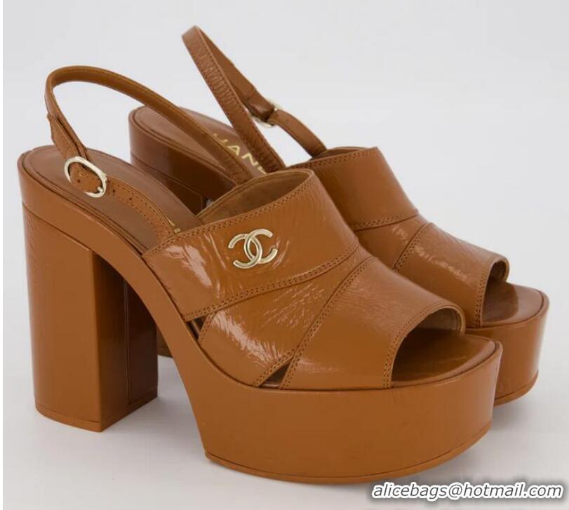 ​Trendy Design Chanel Crumpled Patent Lambskin Platform Sandals Heel 12cm G45017 Light Brown