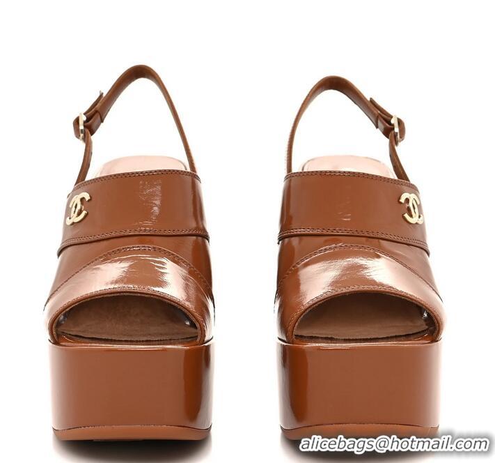 ​Trendy Design Chanel Crumpled Patent Lambskin Platform Sandals Heel 12cm G45017 Light Brown