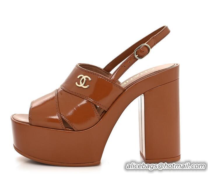 ​Trendy Design Chanel Crumpled Patent Lambskin Platform Sandals Heel 12cm G45017 Light Brown