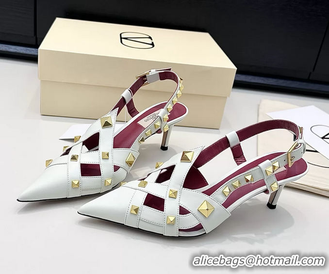 Top Grade Valentino Rockstud Studdy White Leather Slingback Pumps 70MM 6060801