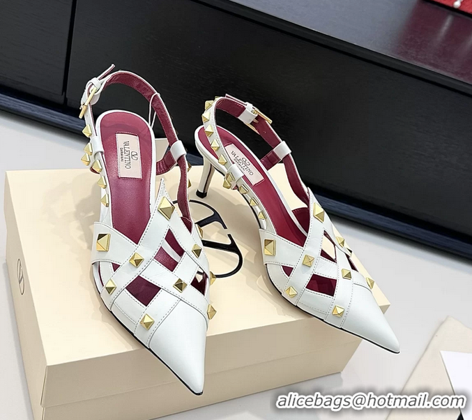Top Grade Valentino Rockstud Studdy White Leather Slingback Pumps 70MM 6060801