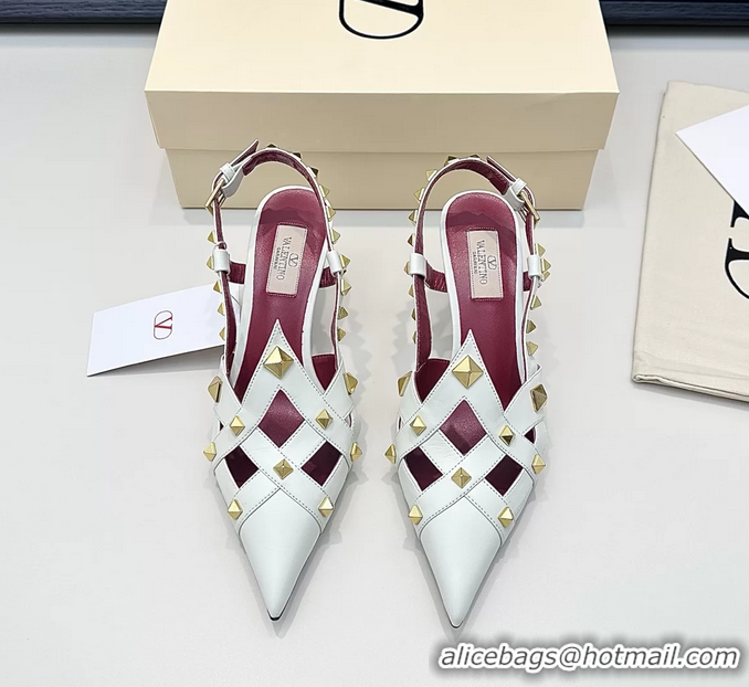 Top Grade Valentino Rockstud Studdy White Leather Slingback Pumps 70MM 6060801