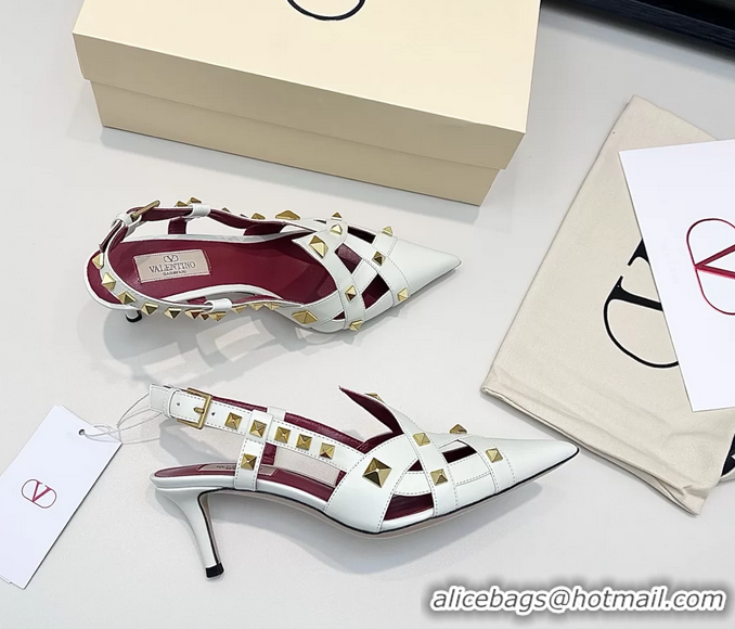 Top Grade Valentino Rockstud Studdy White Leather Slingback Pumps 70MM 6060801