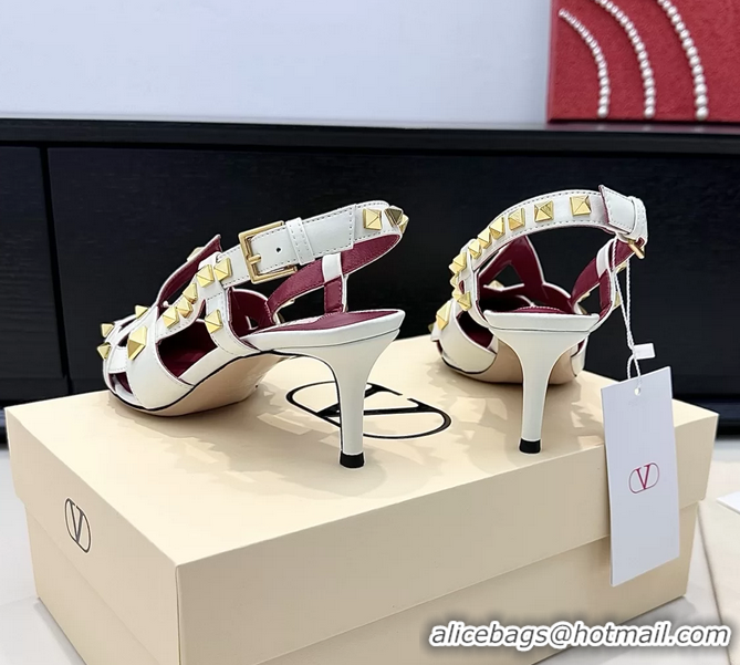 Top Grade Valentino Rockstud Studdy White Leather Slingback Pumps 70MM 6060801