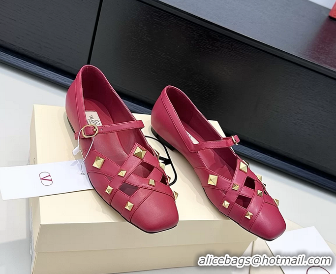 Buy Luxury Valentino Rockstud Studdy Red Leather Mary Janes Ballet Flats 6060804