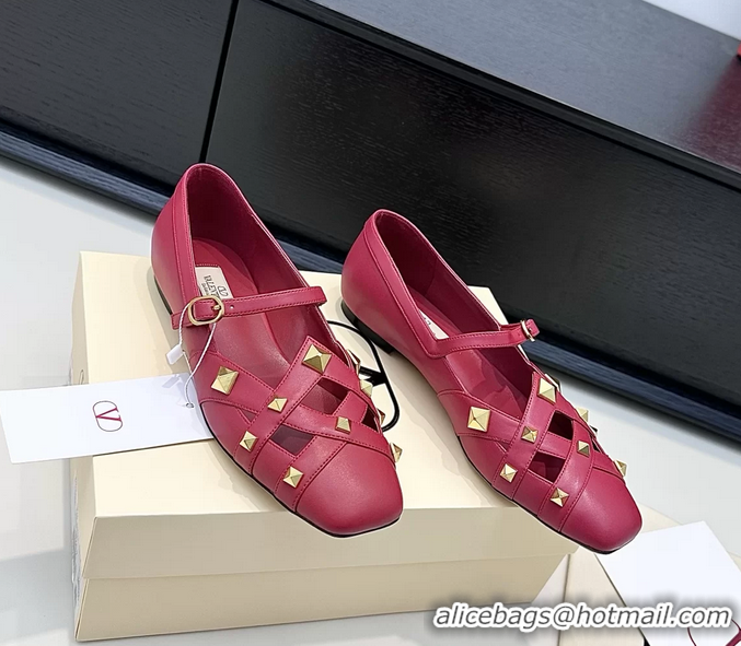 Buy Luxury Valentino Rockstud Studdy Red Leather Mary Janes Ballet Flats 6060804