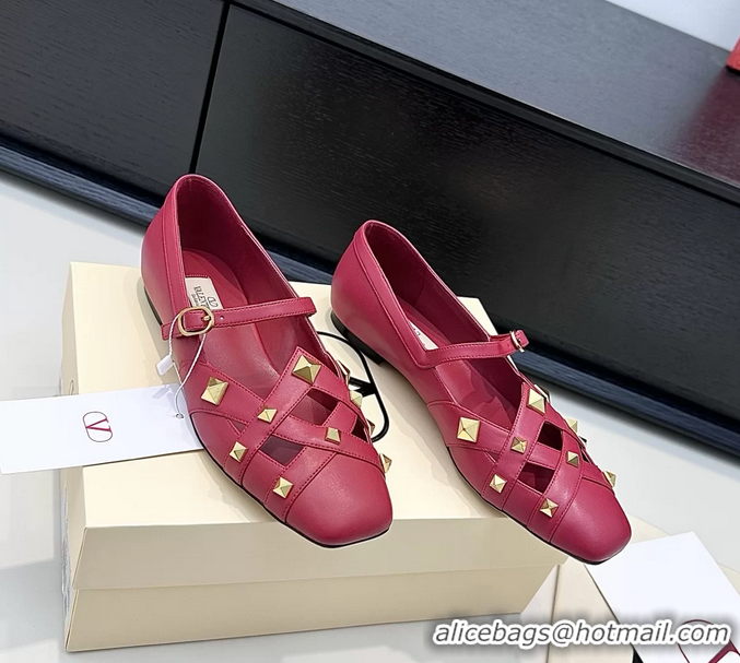 Buy Luxury Valentino Rockstud Studdy Red Leather Mary Janes Ballet Flats 6060804