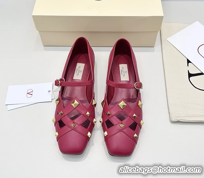 Buy Luxury Valentino Rockstud Studdy Red Leather Mary Janes Ballet Flats 6060804
