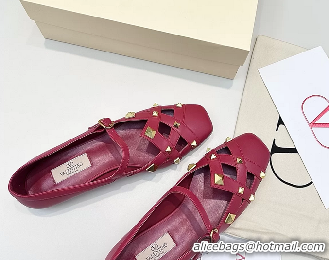 Buy Luxury Valentino Rockstud Studdy Red Leather Mary Janes Ballet Flats 6060804