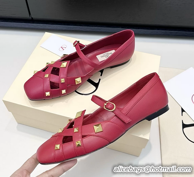 Buy Luxury Valentino Rockstud Studdy Red Leather Mary Janes Ballet Flats 6060804