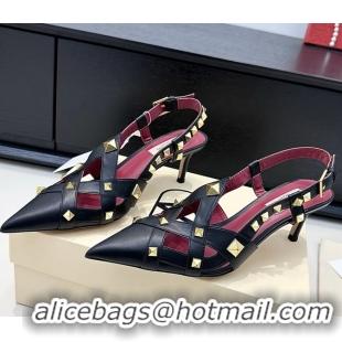 Sophisticated Valentino Rockstud Studdy Black Leather Slingback Pumps 70MM 6060805